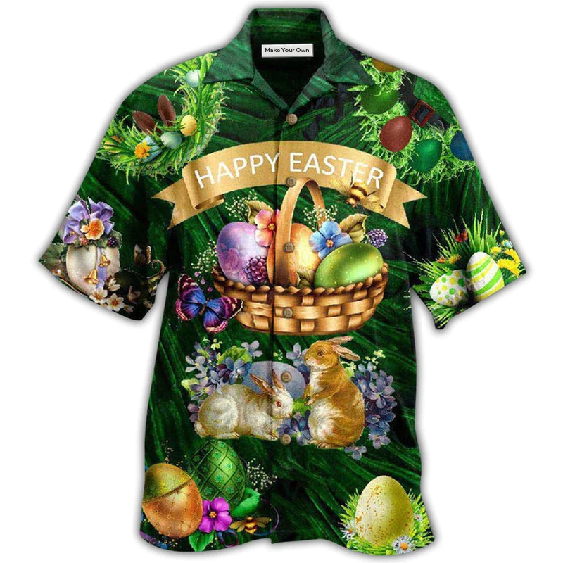 Happy Funny Easter Bunny Hawaiian Shirt Artwork Detail For Resort Trips And Outdoor Activities