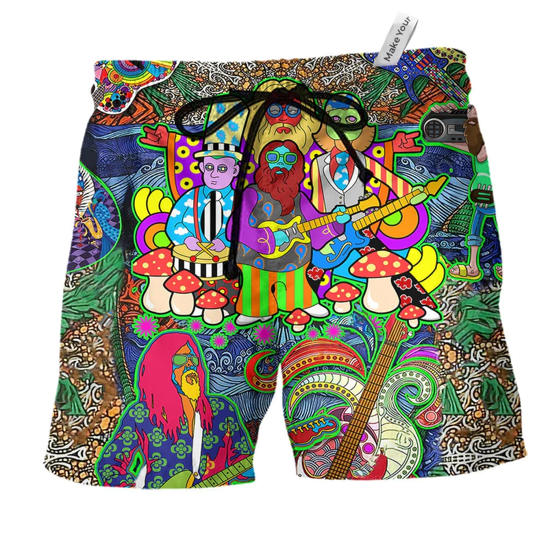 Hippie Peace Colorful Music Guitar Beach Shorts For Weekend Travel And Relaxed Casual Wear