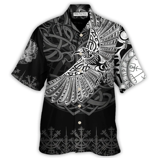 Norse Warrior Raven Valhalla Hawaiian Shirt Artwork Detail For Resort Trips And Outdoor Activities
