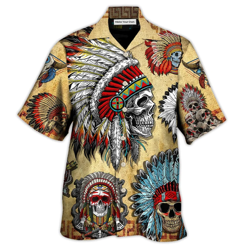 Bohemian Vintage Skull American Hawaiian Shirt Pattern Detail For Vacation Travel And Daily Wear