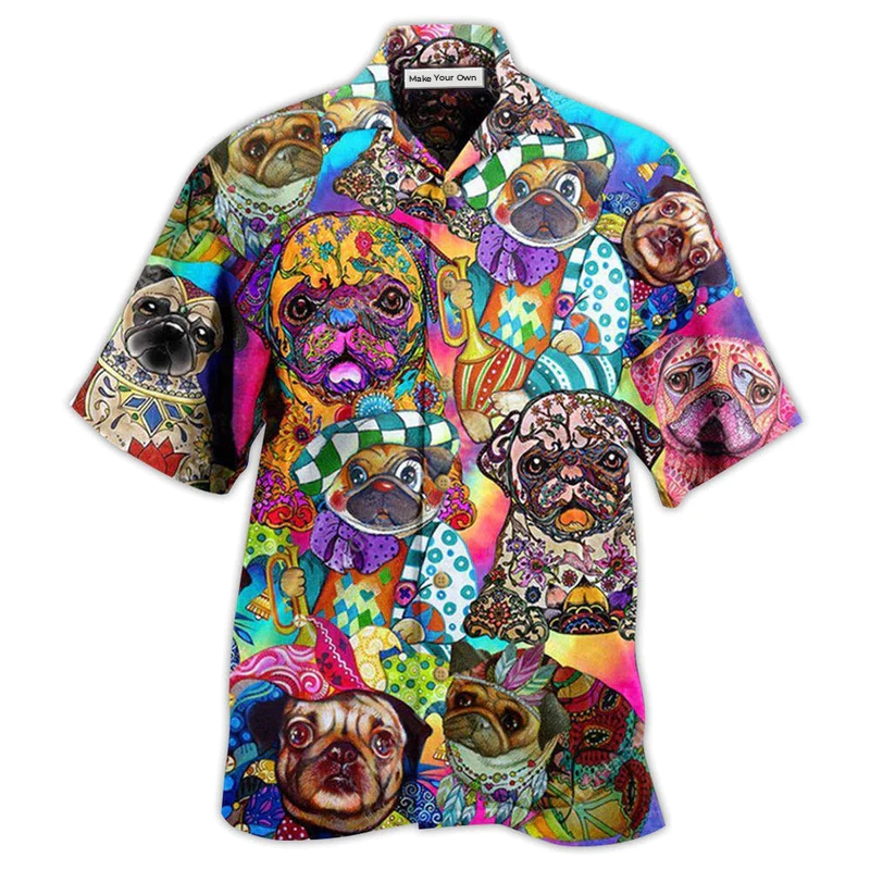 Colorful Cute Pug Dogs Hawaiian Shirt For Coastal Adventures And Warm Weather Wear