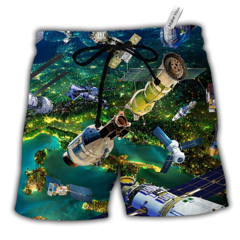 Satellite I Need More Space Green Hawaiian Print Beach Shorts For Weekend Adventures And Comfort