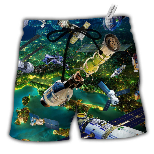 Satellite I Need More Space Green Hawaiian Print Beach Shorts For Weekend Adventures And Comfort