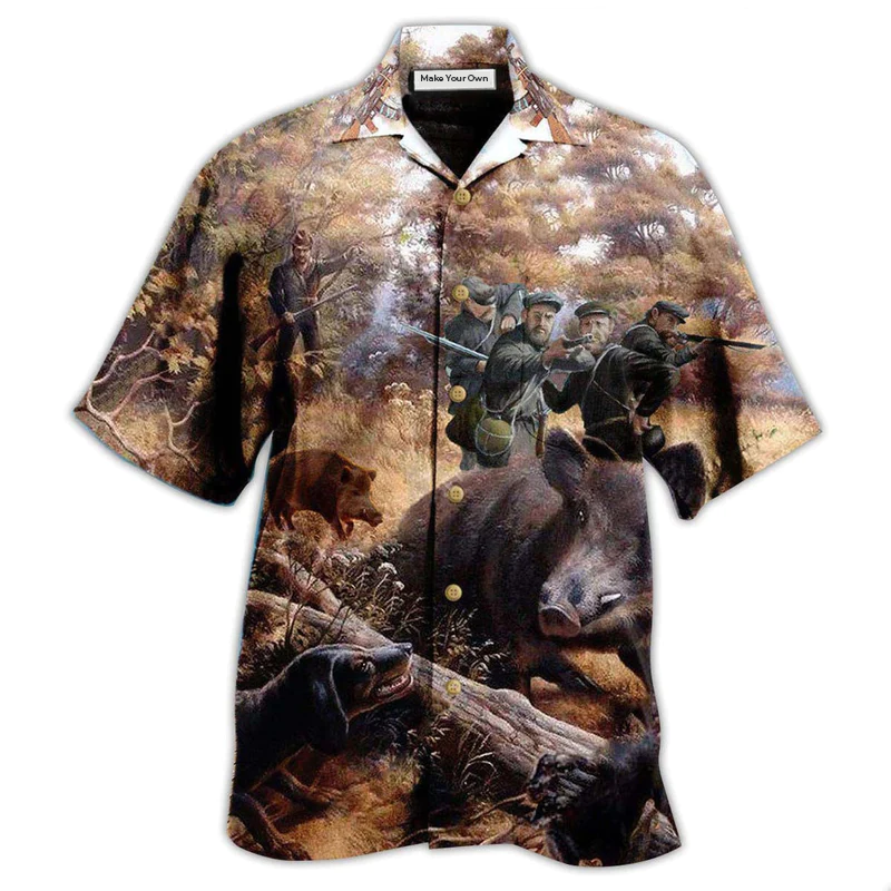 Vintage Boar Hunting Fantasy Hawaiian Shirt Artwork Detail For Tropical Trips And Casual Outings
