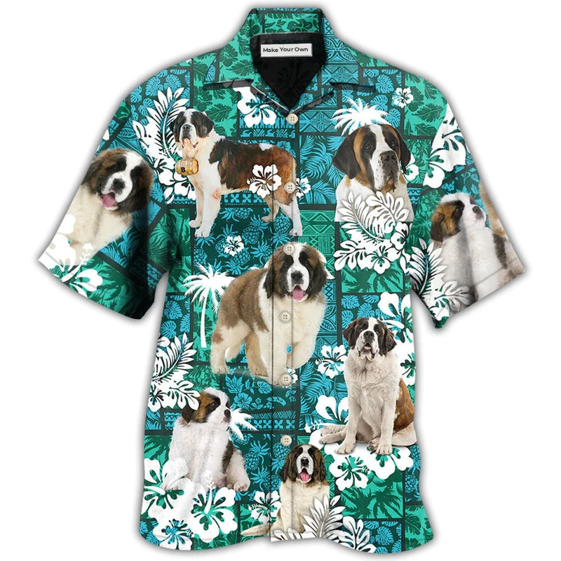 Tropical Green Dog Saint Bernard Hawaiian Shirt Artwork View For Coastal Escapes And Resort Style
