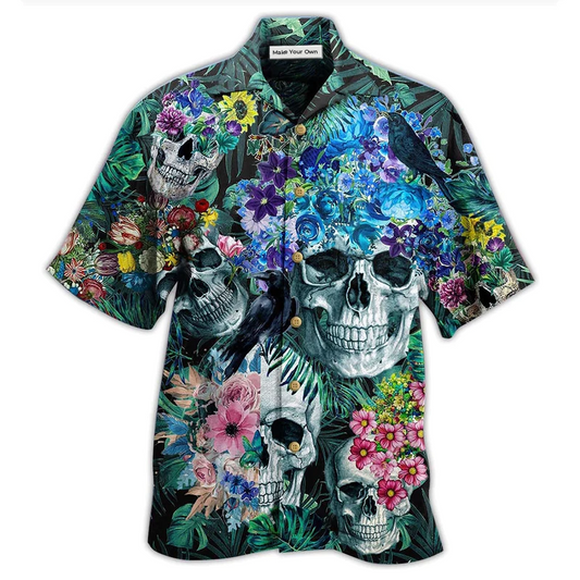 Floral Happy Skull Smiling Hawaiian Shirt Pattern Detail For Vacation Travel And Daily Wear