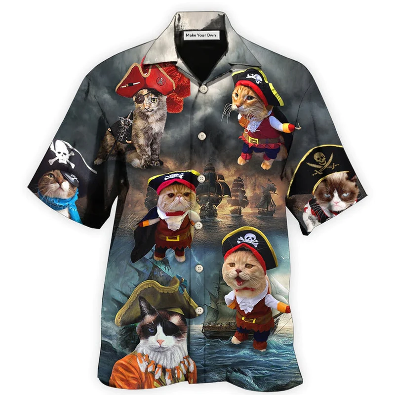 Cute Cat Nautical Pirate Hawaiian Shirt Design Detail For Sunny Adventures And Casual Wear