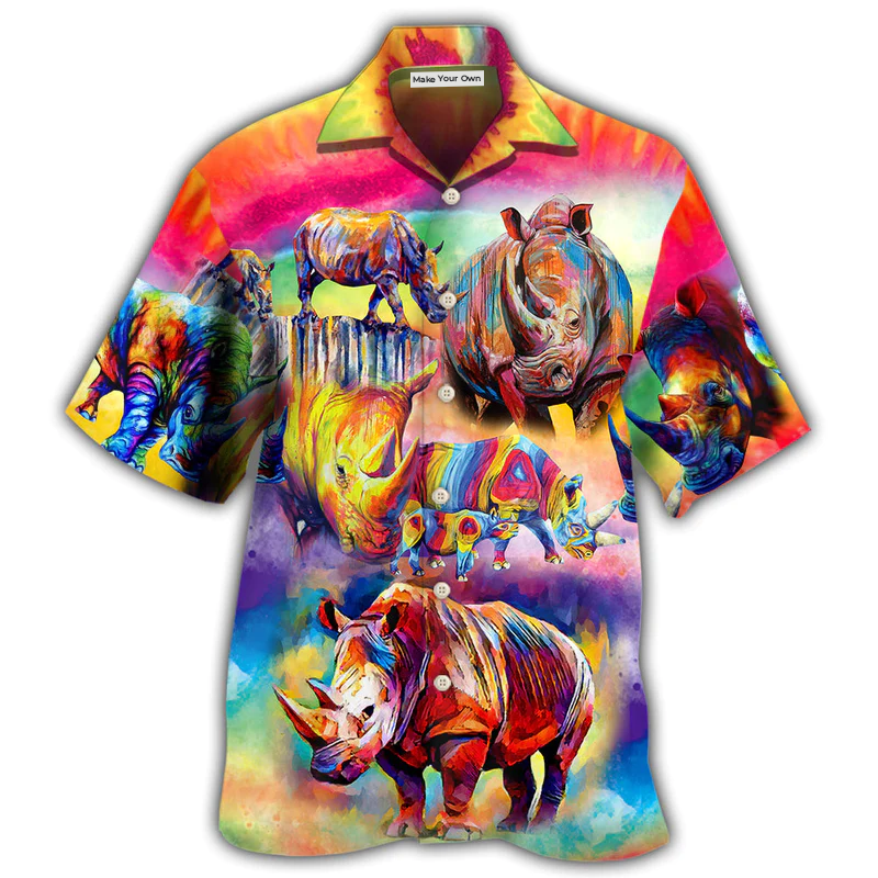 Watercolor Rhino Hawaiian Shirt For Island Vacations And Everyday Style