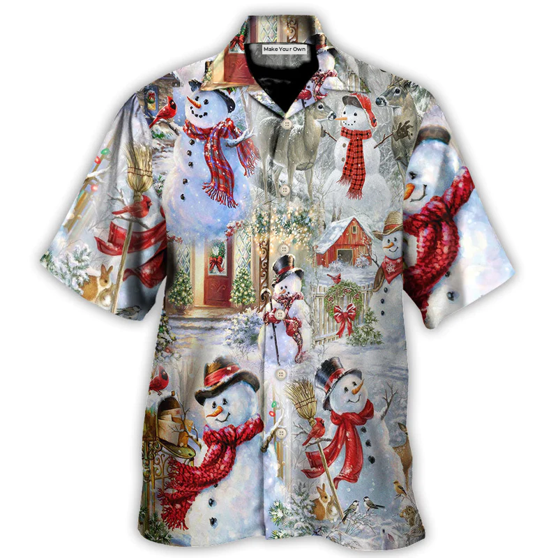 Festive Christmas Snowman Hawaiian Shirt Detailed Pattern View For Beach Days