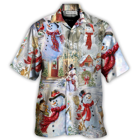 Festive Christmas Snowman Hawaiian Shirt Detailed Pattern View For Beach Days