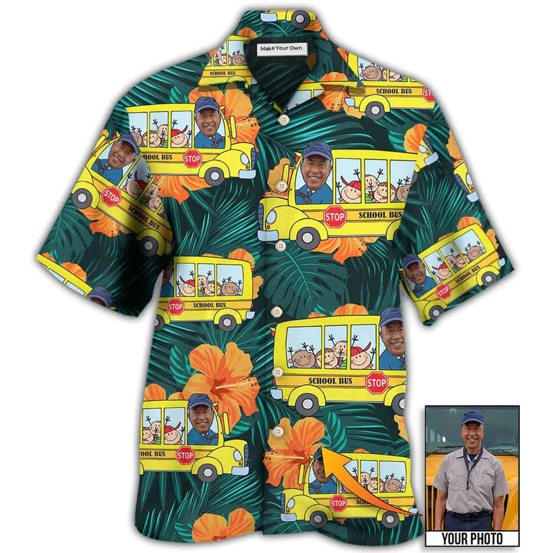 Tropical School Bus Driver Custom Photo Hawaiian Shirt For Vacation Days And Relaxed Coastal Outings