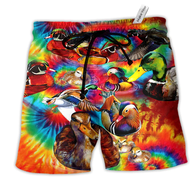 Duck Love Red And Green Fire Hawaiian Print Beach Shorts For Sunny Getaways And Gifting