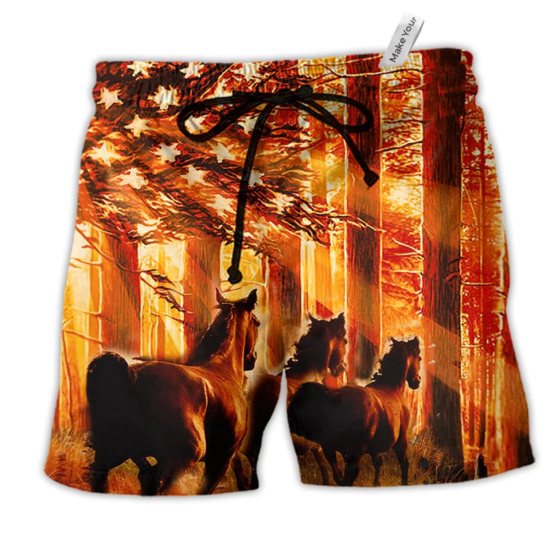 Horse Born To Ride Fire Red Hawaiian Print Beach Shorts For Relaxed Warm Weather Wear