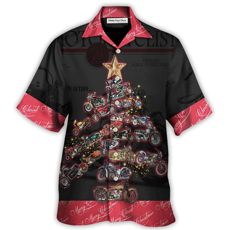 Retro Motorcycle Christmas Tree Hawaiian Shirt Design Detail For Beach Days And Holiday Travel