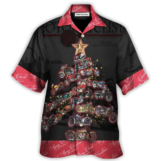 Retro Motorcycle Christmas Tree Hawaiian Shirt Design Detail For Beach Days And Holiday Travel