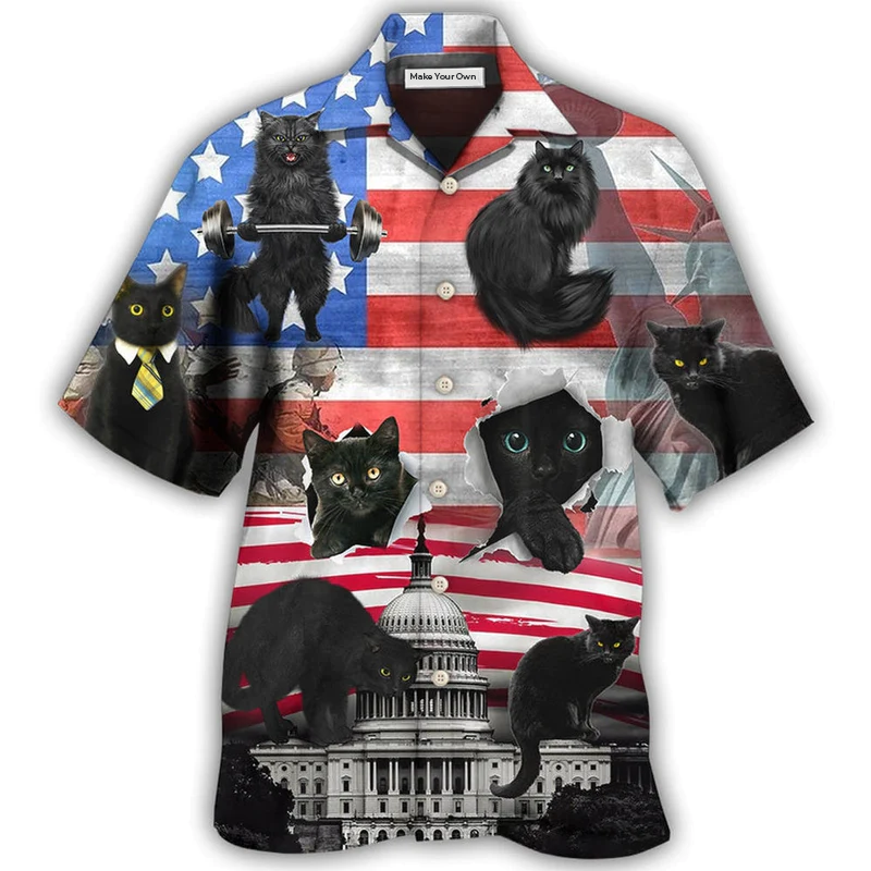 Black Cat Independence Day American Hawaiian Shirt Design View For Casual Summer Styling
