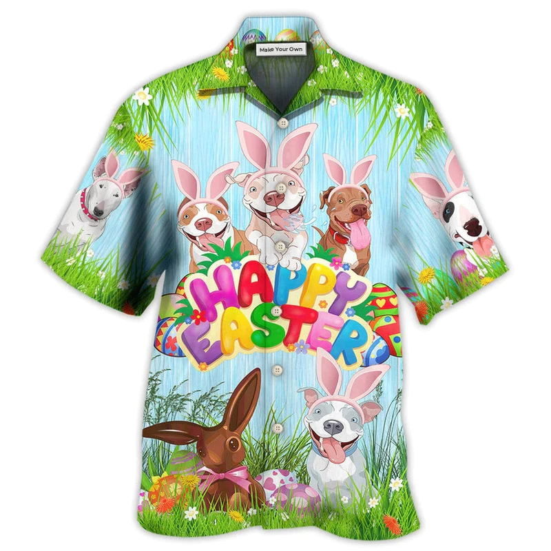 Playful Easter And Pit Bull Hawaiian Shirt For Summer Vacation Beach Travel And Casual Wear