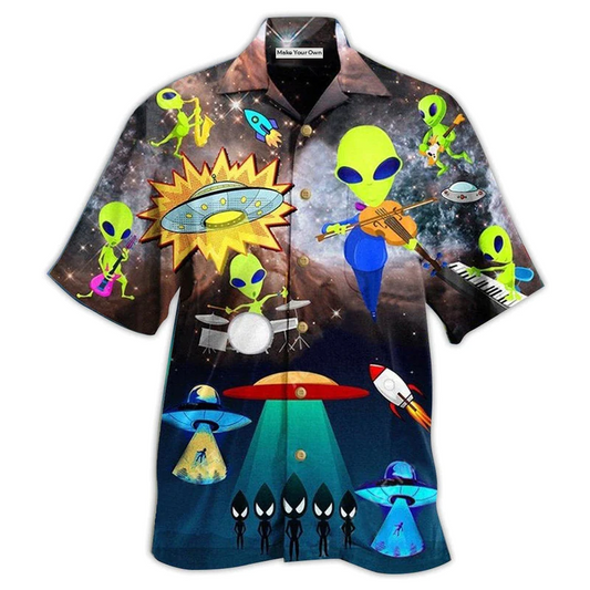 Alien Music Fun Hawaiian Shirt Design Detail For Sunny Adventures And Casual Wear