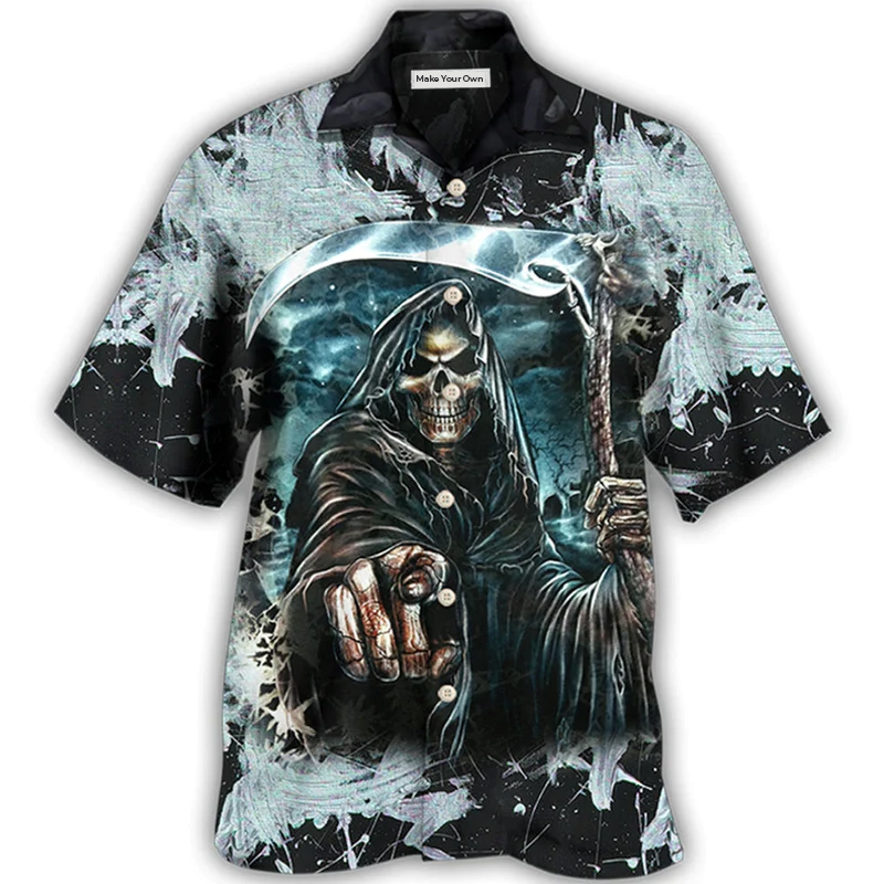 Dark Skull Death Scythe Hawaiian Shirt Design View For Casual Summer Styling