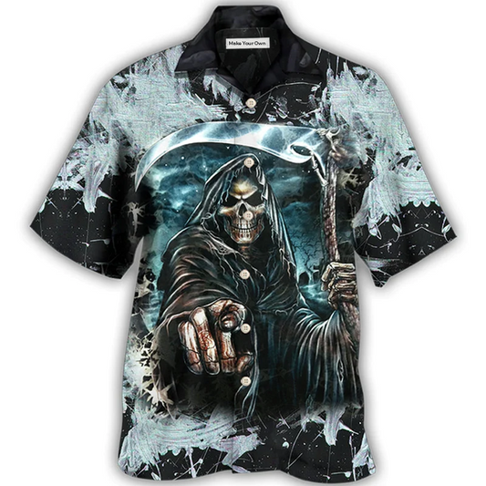 Dark Skull Death Scythe Hawaiian Shirt Design View For Casual Summer Styling