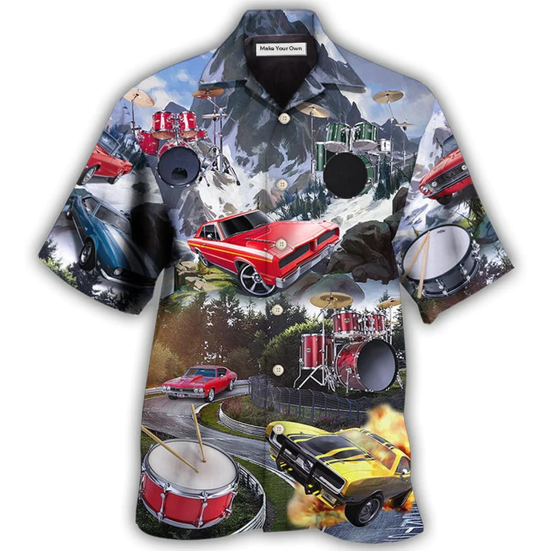 Car Muscle Drum Racing Music Hawaiian Shirt For Poolside Relaxation And Sunny Getaways