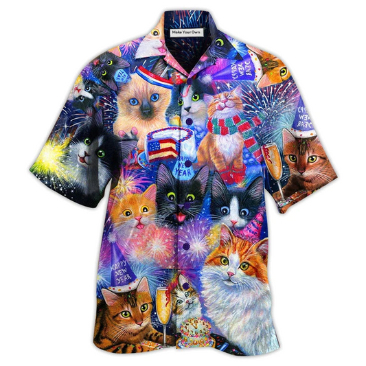 Happy Cat Wish New Year Hawaiian Shirt Pattern Detail For Summer Holidays And Outdoor Fun