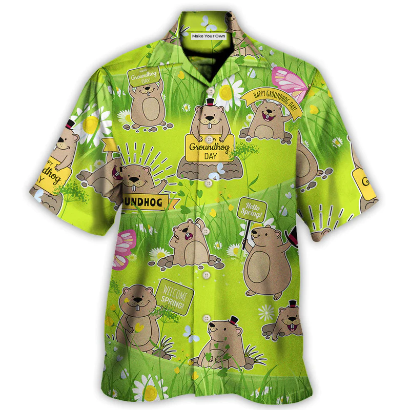 Floral Spring Groundhog Hawaiian Shirt Graphic Artwork Detail For Warm Weather Events