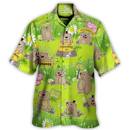 Floral Spring Groundhog Hawaiian Shirt Graphic Artwork Detail For Warm Weather Events