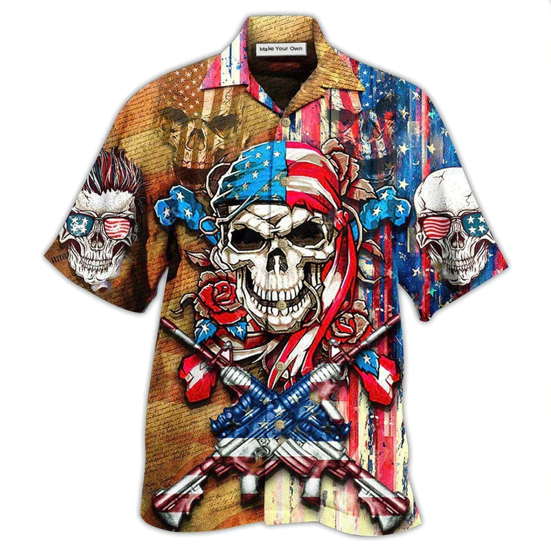 Patriotic Floral Skull Hawaiian Shirt For Coastal Vacations Warm Weather Events And Daily Style