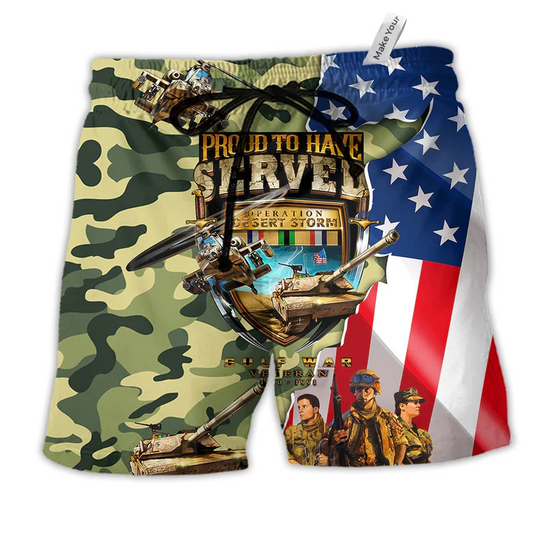 America Veteran War And Peace Hawaiian Print Beach Shorts For American Pride Beach Days
