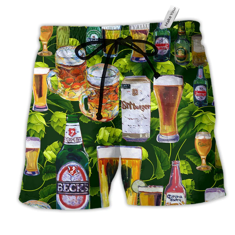 Beer Love It Green Leaves Hawaiian Print Beach Shorts For Sunny Outdoor Celebrations