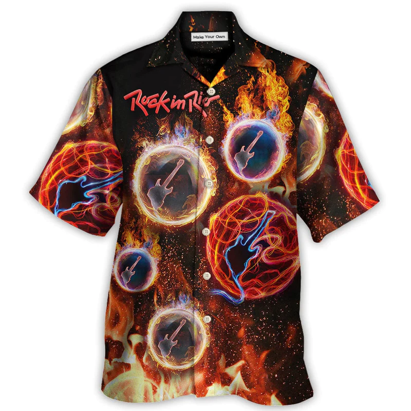 Rock Music Fire Hawaiian Shirt Detailed Pattern View For Warm Weather Events