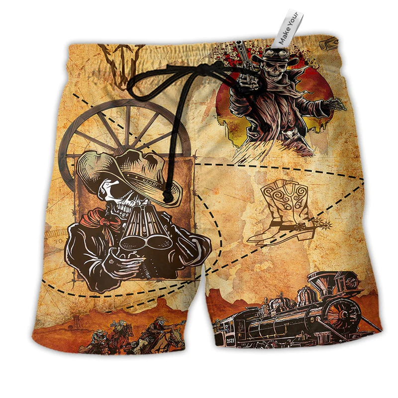 Cowboy Skull Love Life Hawaiian Print Beach Shorts For Western Summer Vacation Wear