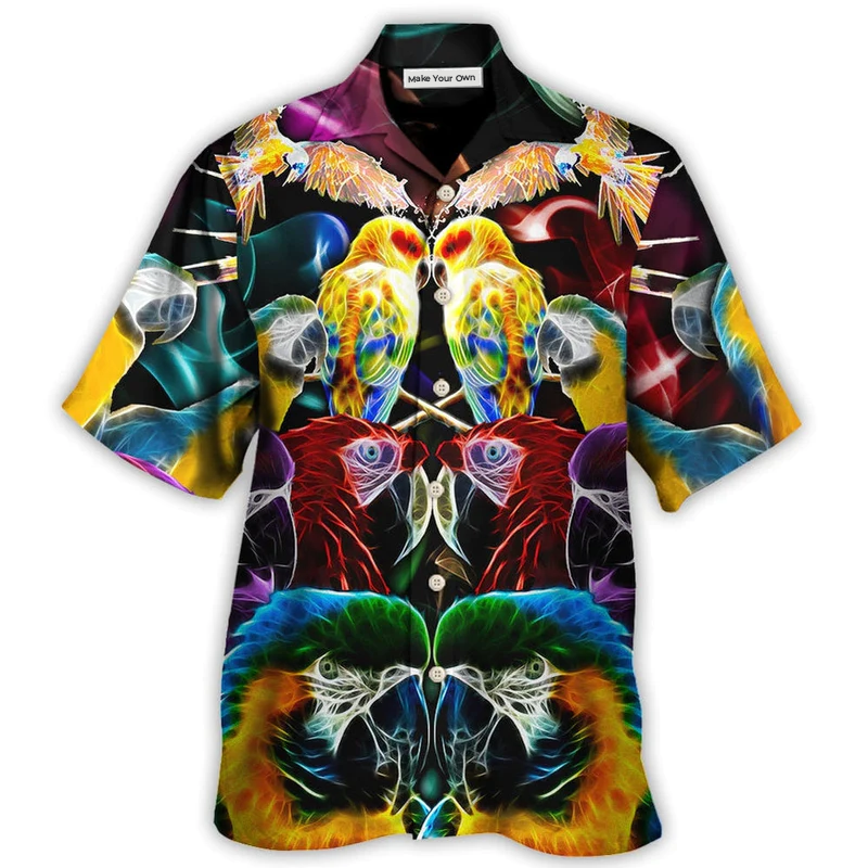 Neon Colorful Parrot Wild Hawaiian Shirt For Summer Vacation And Beach Travel