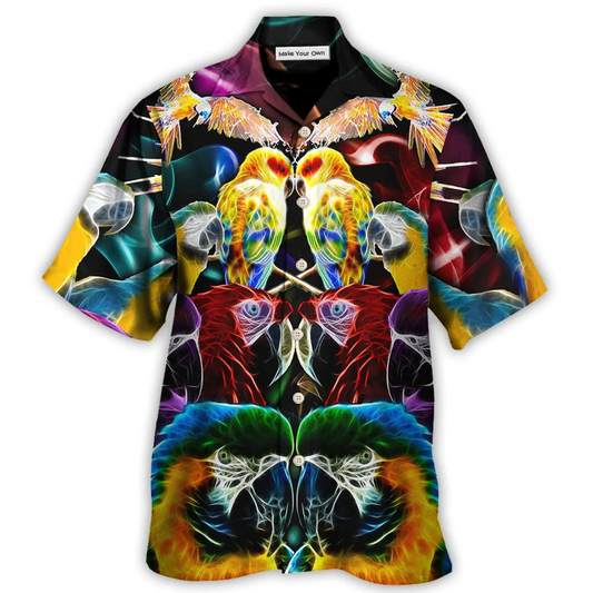 Neon Colorful Parrot Wild Hawaiian Shirt For Summer Vacation And Beach Travel