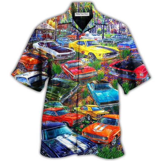 Colorful Car Garden Hawaiian Shirt For Vacation Days And Relaxed Coastal Outings