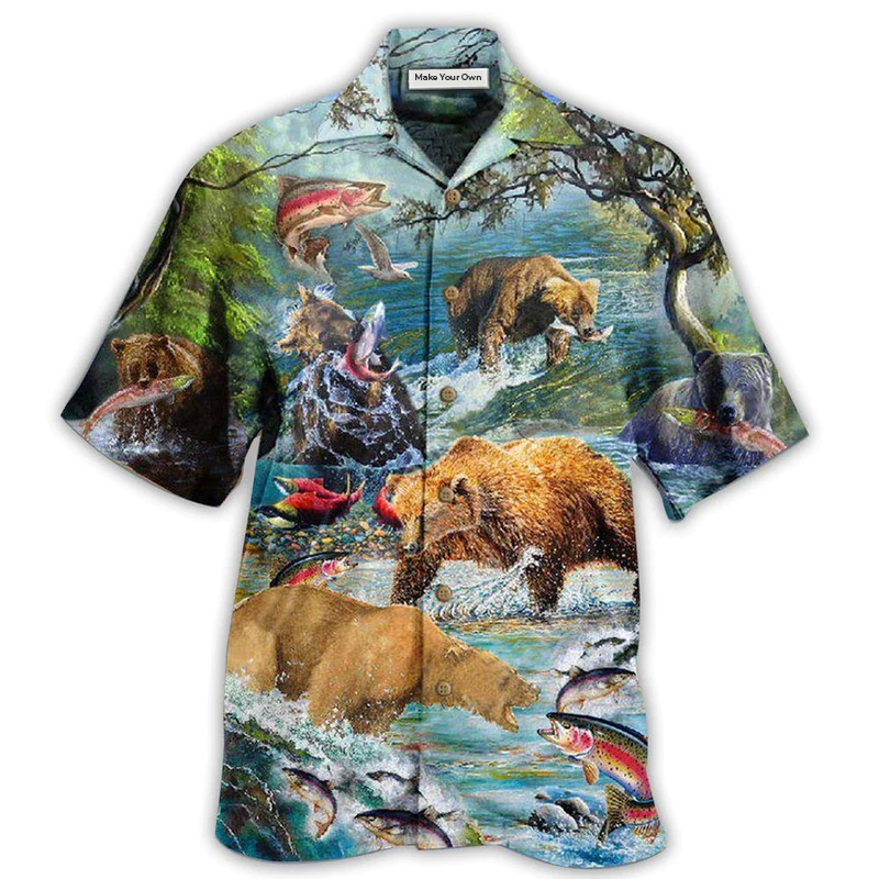 Bear Hunting Animals Amazing Salmon Hawaiian Shirt For Summer Events And Casual Outdoor Wear