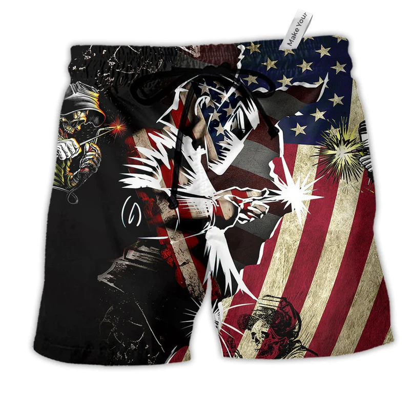 Welder Patriotic So Cool Hawaiian Print Beach Shorts For Warm Weather Holiday Style