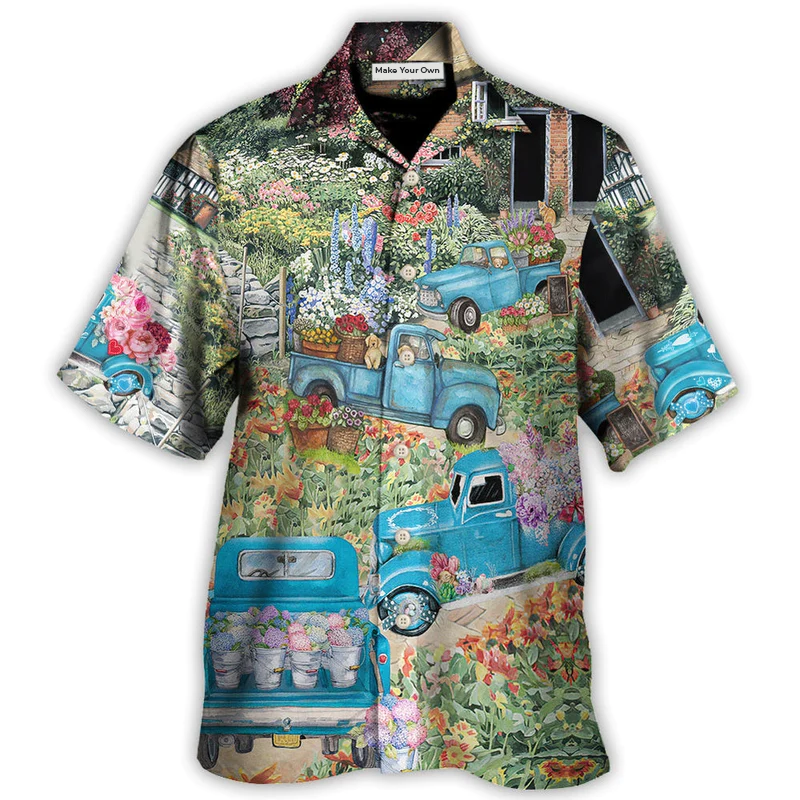 Floral Truck Delivery Hawaiian Shirt Fabric Pattern Detail For Resort Wear