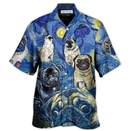 Cute Dog Pug Starry Night Hawaiian Shirt Artwork Detail For Resort Trips And Outdoor Activities
