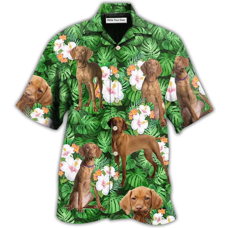 Green Tropical Dog Vizsla Dad Leaf Hawaiian Shirt Pattern View For Relaxed Warm Weather Outfits
