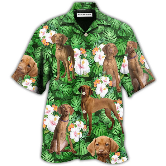Green Tropical Dog Vizsla Dad Leaf Hawaiian Shirt Pattern View For Relaxed Warm Weather Outfits