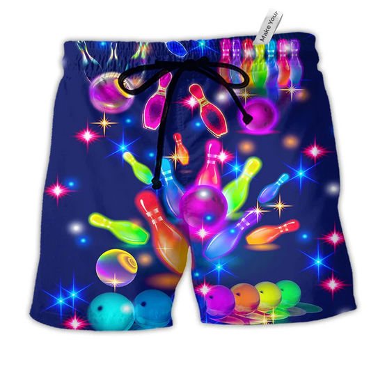 Bowling Rainbow Neon Style Hawaiian Print Beach Shorts For Confident Warm Weather Wear