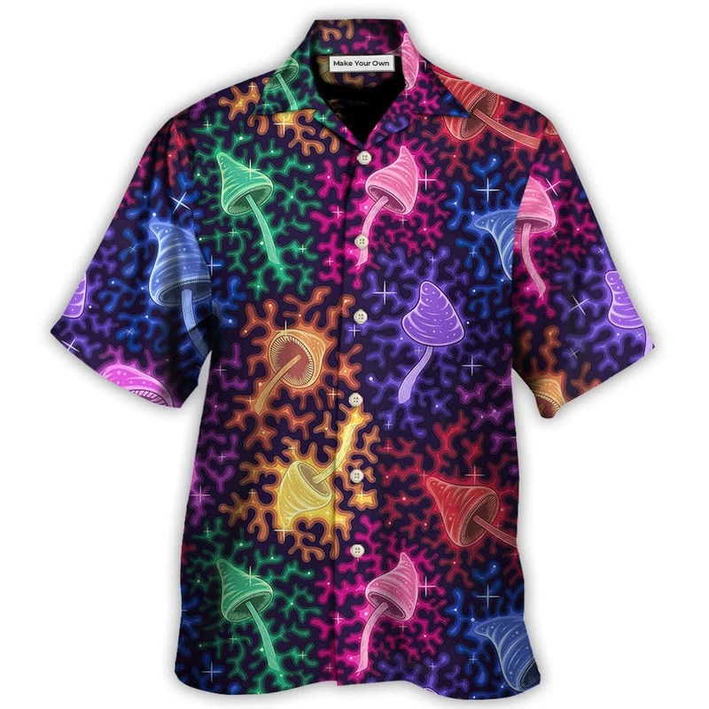 Rainbow Colorful Mushroom Galaxy Bright Hawaiian Shirt Design Detail For Sunny Adventures And Casual Wear