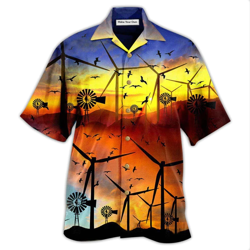 Green Wind Turbine Hawaiian Shirt For Tropical Parties Vacation Travel And Casual Summer Style