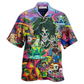 Bohemian Skull Alien Hawaiian Shirt Artwork Detail For Resort Trips And Outdoor Activities
