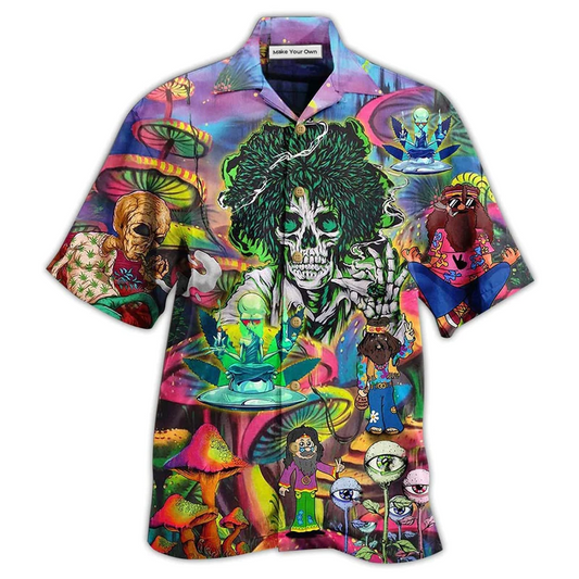 Bohemian Skull Alien Hawaiian Shirt Artwork Detail For Resort Trips And Outdoor Activities
