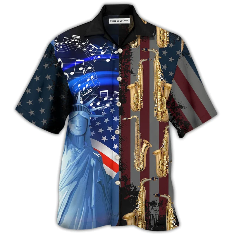 Saxophone Music USA Flag Independence Day Hawaiian Shirt For Poolside Relaxation And Sunny Getaways