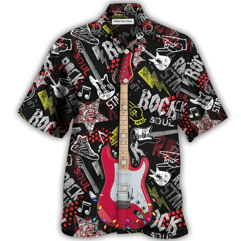 Happy Guitar Rock Christmas Hawaiian Shirt Artwork Detail For Tropical Trips And Casual Outings