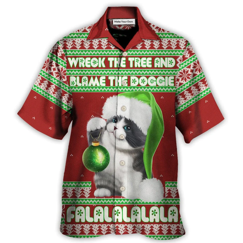 Red Cat Wreck Tree Christmas Hawaiian Shirt Artwork View For Coastal Escapes And Resort Style